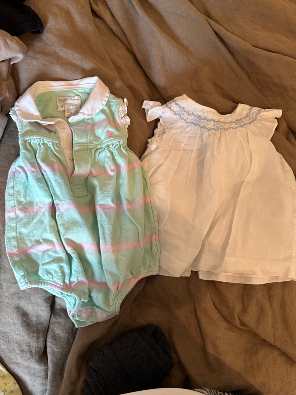 Ralph Lauren White Baby Dress with Light Blue Smocking and Mint & Pink Onesie